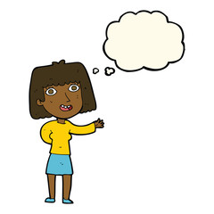 cartoon friendly woman waving with thought bubble