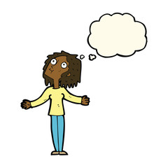 cartoon curious woman looking upwards with thought bubble