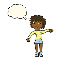 cartoon friendly woman waving with thought bubble