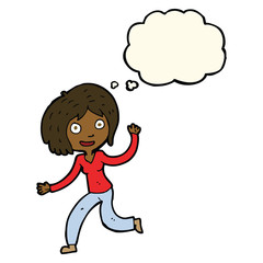 cartoon happy waving girl with thought bubble