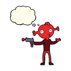cartoon alien with ray gun with thought bubble