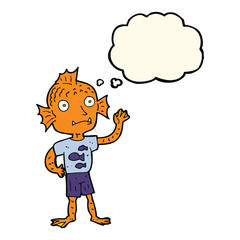 cartoon waving fish boy with thought bubble
