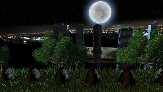 Trees and green grass with city view at night with glowing moon