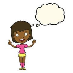 cartoon woman pointing with thought bubble