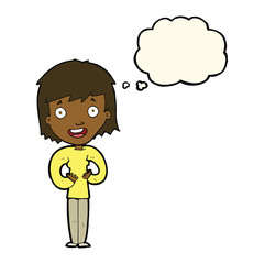 cartoon happy woman with thought bubble