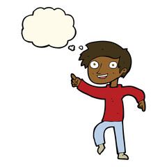 cartoon happy boy pointing with thought bubble