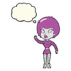 cartoon robot woman waving with thought bubble