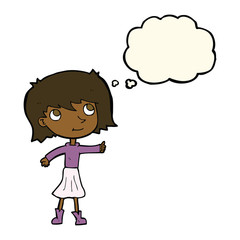 cartoon happy girl with thought bubble