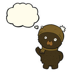 cartoon cute black bear in winter hat and scarf with thought bub