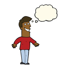 cartoon grinning man with thought bubble