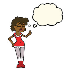 cartoon woman making dismissive gesture with thought bubble