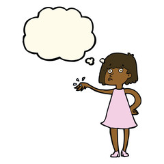 cartoon woman showing off engagement ring with thought bubble