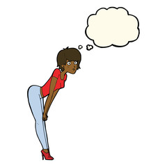 cartoon woman looking at something with thought bubble