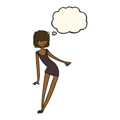 cartoon woman in dress leaning with thought bubble