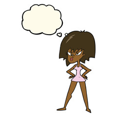 cartoon angry woman in dress with thought bubble