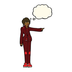cartoon woman in leather jacket pointing with thought bubble