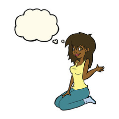 cartoon pretty girl waving with thought bubble