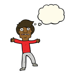 cartoon boy panicking with thought bubble
