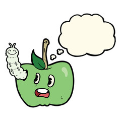 cartoon apple with bug with thought bubble