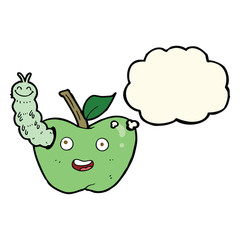 cartoon apple with bug with thought bubble