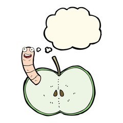 cartoon apple with worm with thought bubble