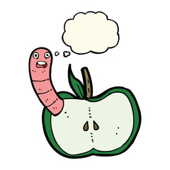 cartoon apple with worm with thought bubble