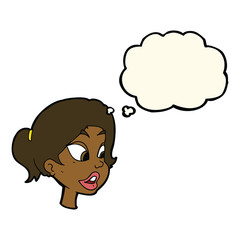 cartoon friendly woman with thought bubble