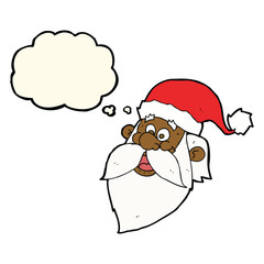 cartoon jolly santa claus face with thought bubble