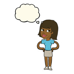 cartoon happy woman with hands on hips with thought bubble