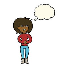 cartoon worried woman with thought bubble
