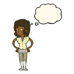 cartoon pretty woman with hands on hips with thought bubble