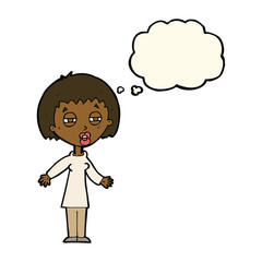 cartoon tired woman with thought bubble