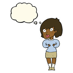 cartoon woman making Who Me? gesture with thought bubble