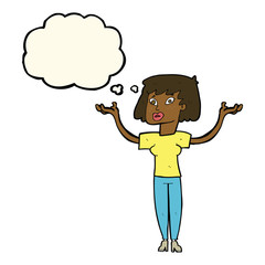 cartoon woman holding up hands with thought bubble