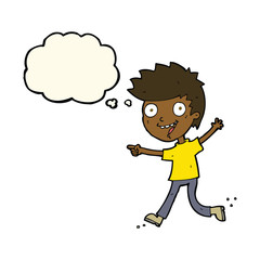 cartoon crazy excited boy with thought bubble