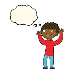 cartoon excited boy with thought bubble