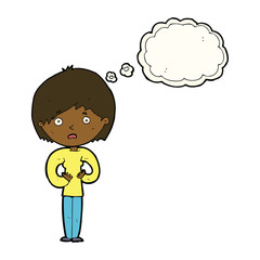 cartoon woman making Who Me? gesture with thought bubble