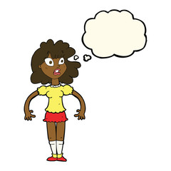 cartoon pretty girl with shocked expression with thought bubble