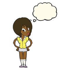 cartoon woman with hands on hips with thought bubble