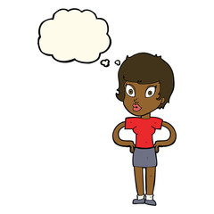 cartoon woman with hands on hips with thought bubble