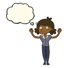 cartoon woman surrendering with thought bubble