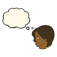 cartoon woman raising eyebrow with thought bubble