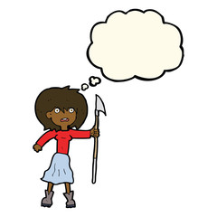 cartoon woman with harpoon with thought bubble