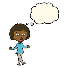 cartoon woman shrugging shoulders with thought bubble