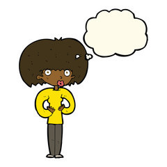 cartoon surprised woman with thought bubble