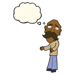 cartoon lonely old man with thought bubble