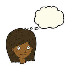 cartoon happy female face with thought bubble