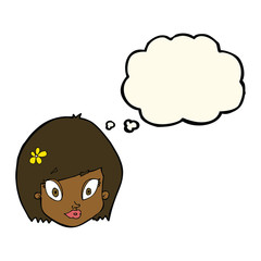 cartoon happy female face with thought bubble