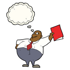 cartoon happy boss with file with thought bubble