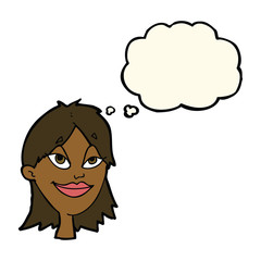cartoon happy woman with thought bubble